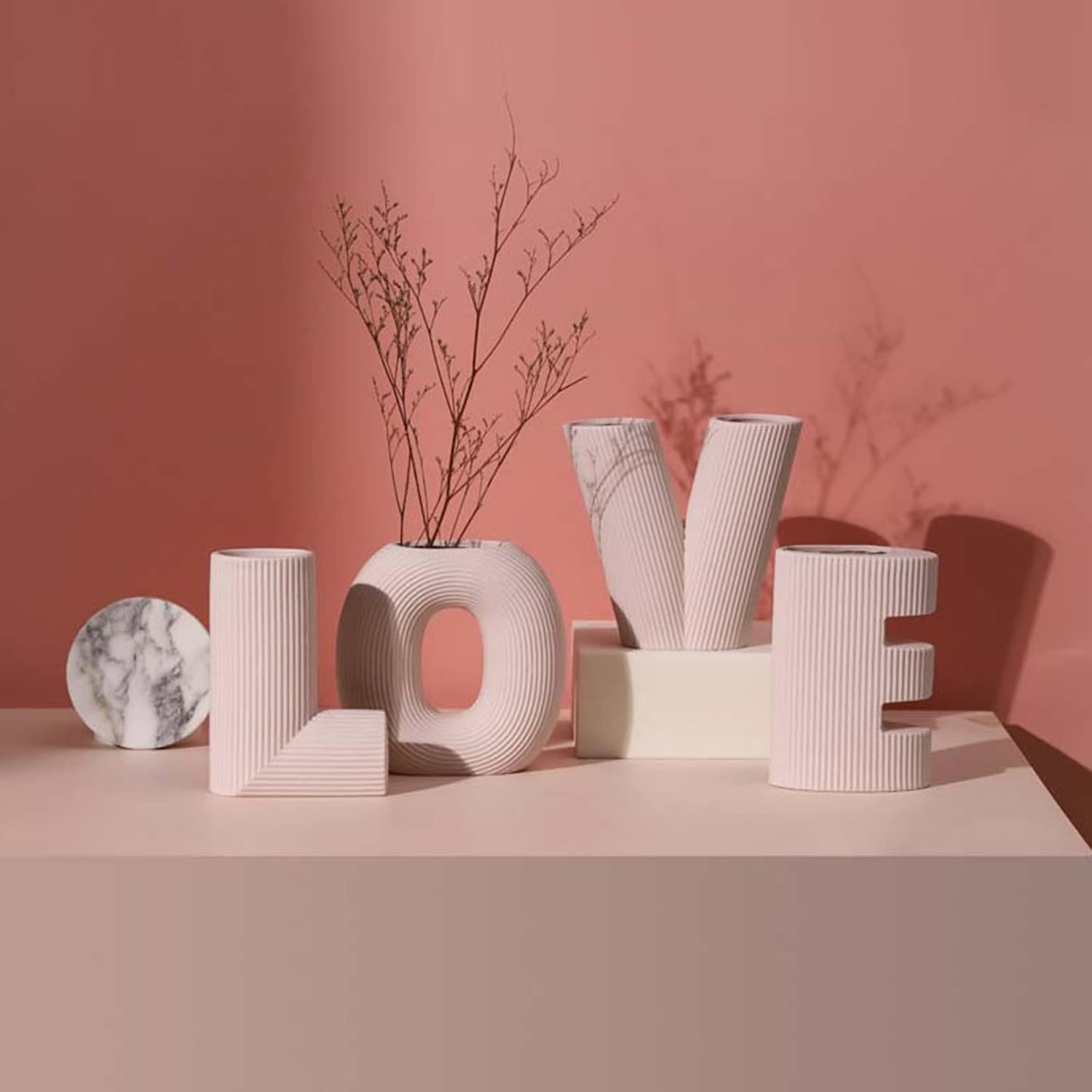 4-Piece Pink Ceramic Modern Minimalist Decorative Love Letter Vases Set, Wedding Party Home Decor