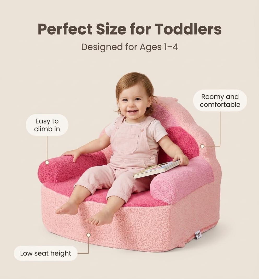 Toddler Foam Chair | Cute Pink Soft Lounge Chair for Toddler Girls Ages 1–4 | Comfy Lightweight Reading Seat for Nursery, Bedroom & Playroom Décor