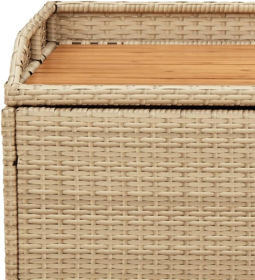 Beige Brown Outdoor Storage Bench, Acacia Wood Poly Rattan Patio Furniture, Weatherproof Garden Seating for Porch, 2-Person Capacity Bench Seating