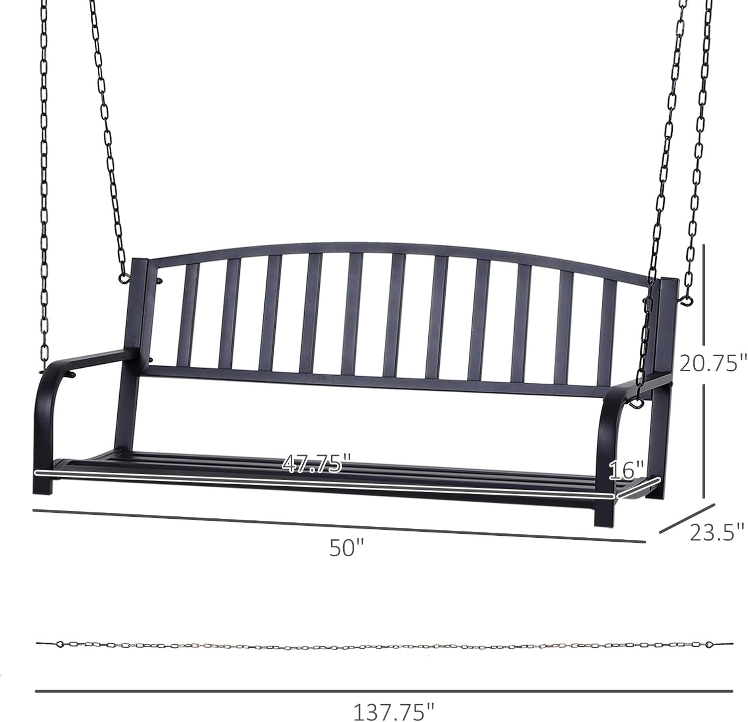 2-Person Outdoor Swing Bench, 47in Wide Solid Powder-Coated Steel, 528lb Capacity, Black