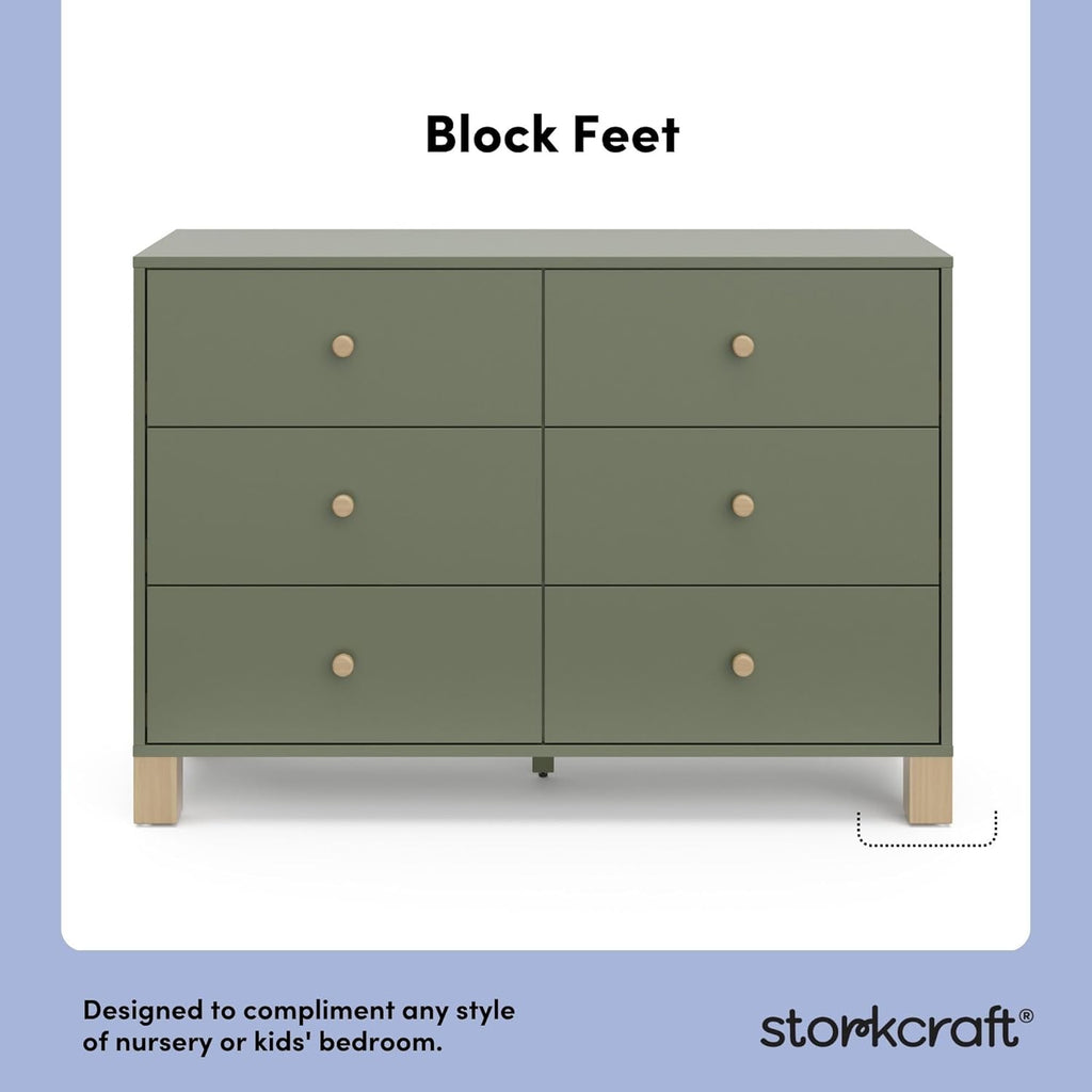 Storkcraft California 6-Drawer Double Dresser, Olive with Driftwood | GREENGUARD Gold Certified, Wood Dresser, Spacious Storage Organizer for Kids Bedroom, Safety Interlocking Drawer System