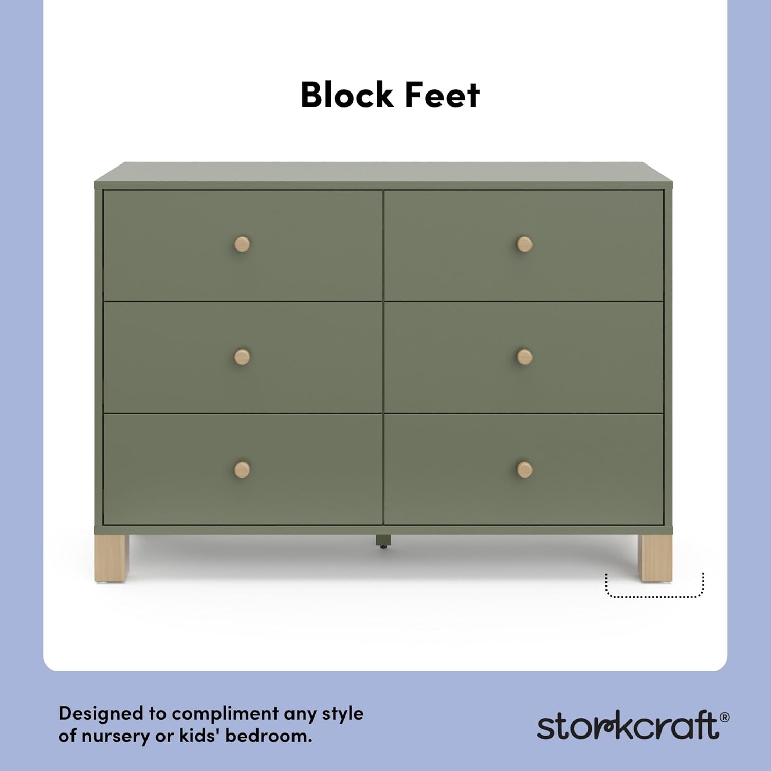 Storkcraft California 6-Drawer Double Dresser, Olive with Driftwood | GREENGUARD Gold Certified, Wood Dresser, Spacious Storage Organizer for Kids Bedroom, Safety Interlocking Drawer System