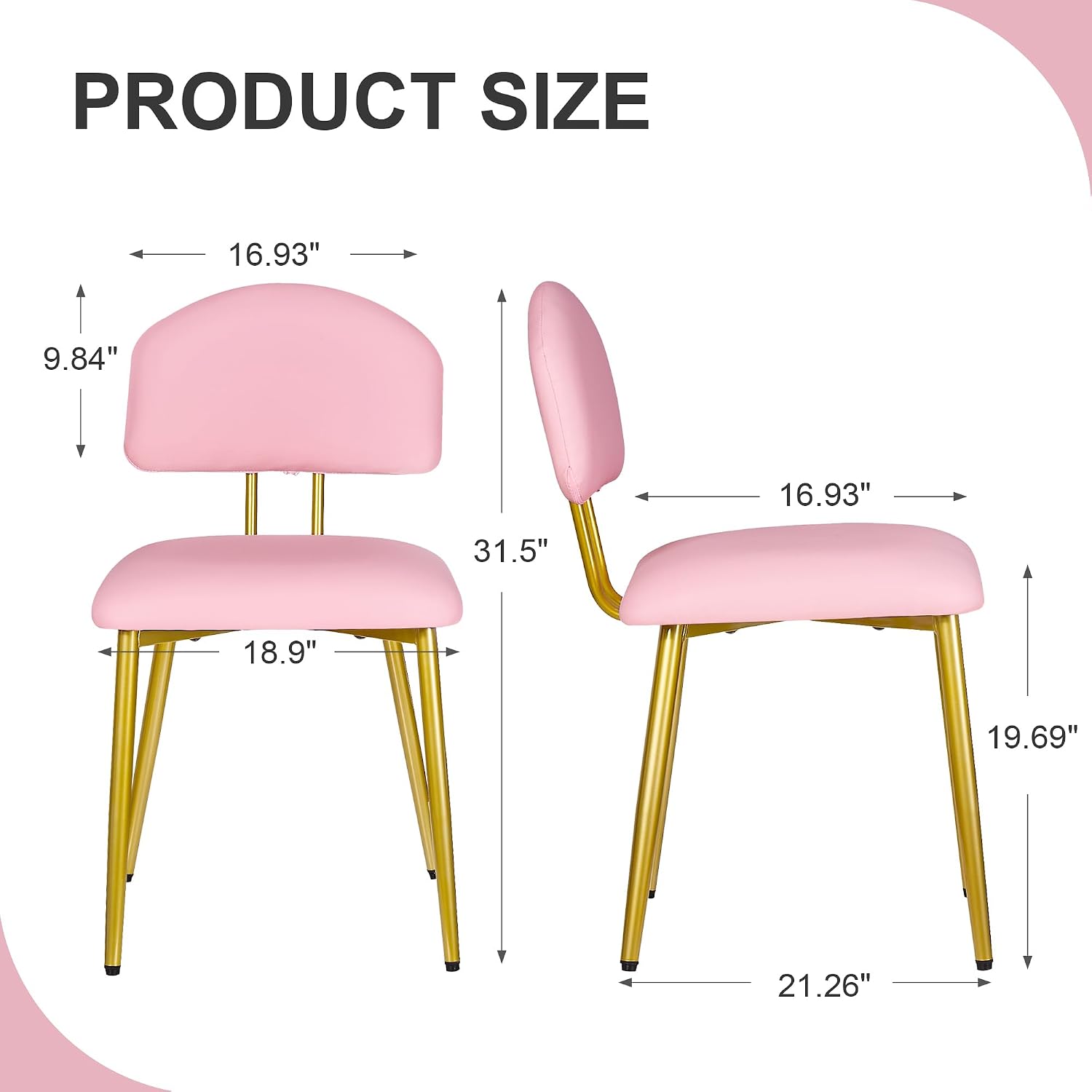 VECELO Dining Chairs Set of 2, Upholstered Kitchen Chairs with Extra Thick Cushion & Sturdy Metal Frame, Faux Leather Chairs for Vanity, Kitchen, Living Room, Pink