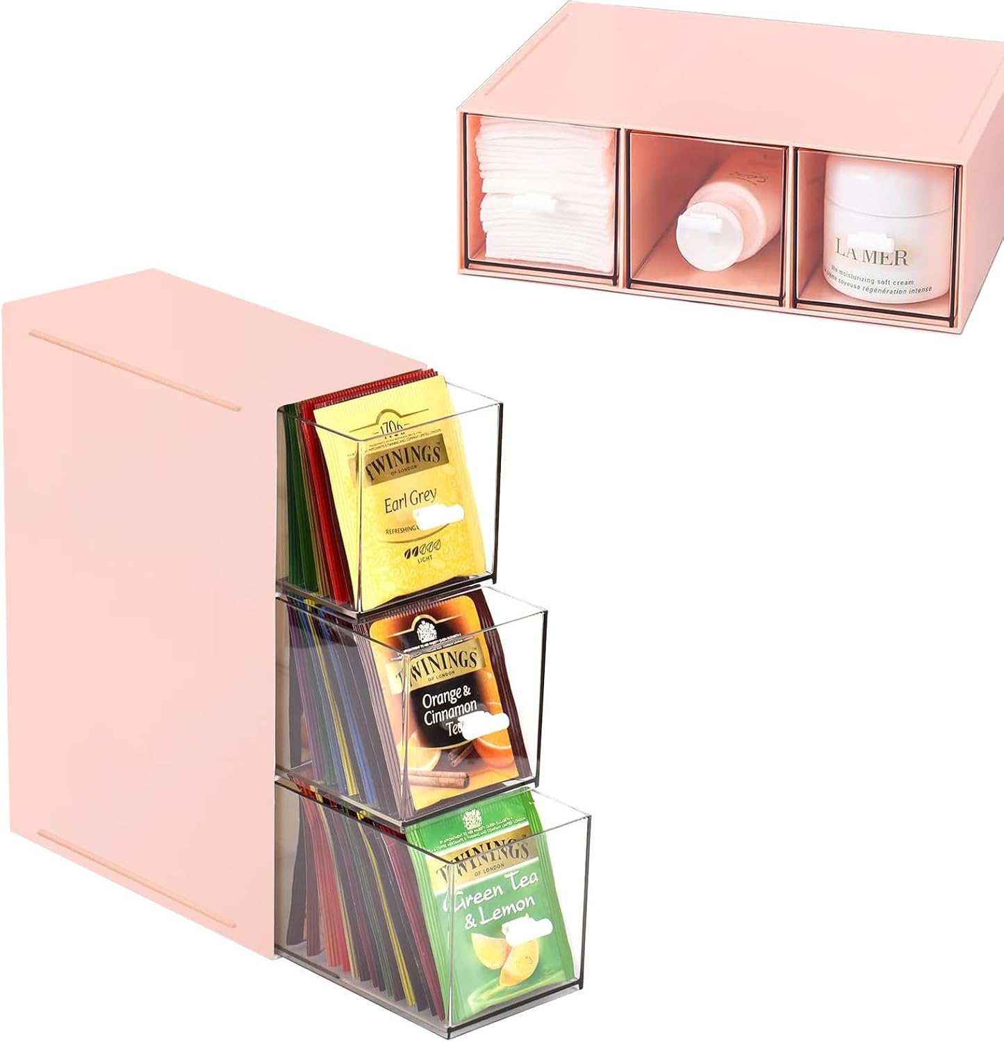 Plastic Clear Tea Box, Tea Bag Organizer with 3 Drawers for Sugar Sachets | Stackable Storage Drawers, Makeup Organizer, Stackable Tea Bag Storage for Coffee, Cosmetic, Jewelry, Bathroom Organization