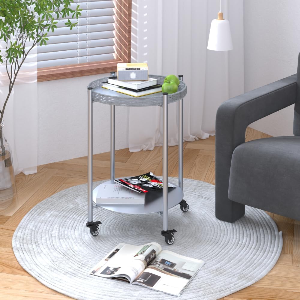 2-Tier Round Rolling Side Table, Silver Gray Metal Frame, 15.75 inch Diameter, Mobile End Table with Wheels for Living Room, Bedroom