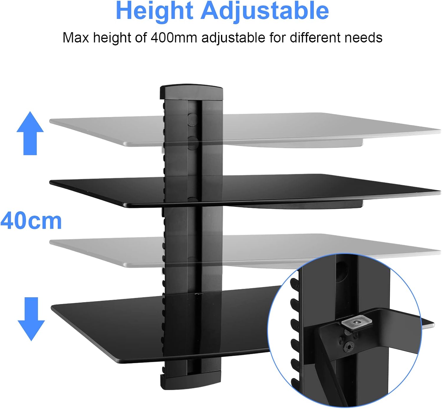 suptek Speaker Mount, Floating Glass Shelf Wall Mount Bracket for DVD Players/Cable Boxes/Games Consoles/TV Accessories, 2 Shelves, Black CS202