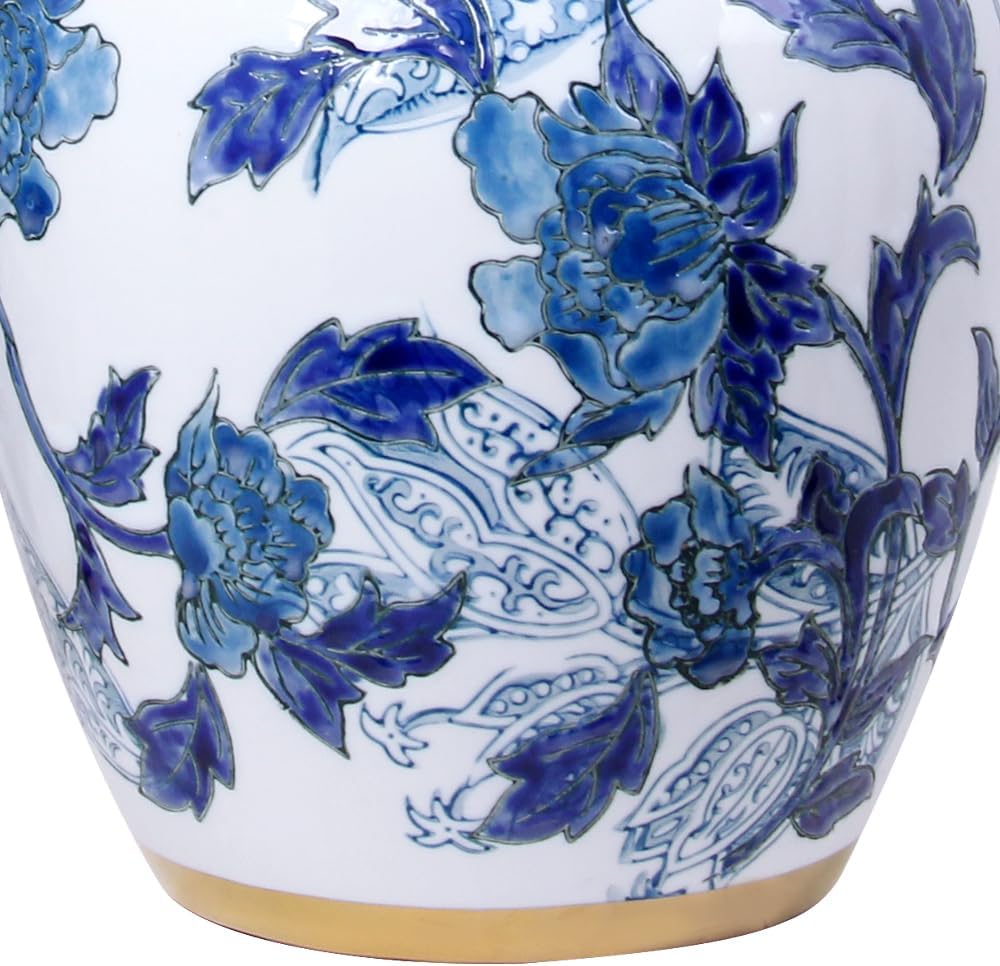 Blue and White Porcelain Vase with Gold Trim - Chinoiserie Style Ginger Jar for Vintage Home Decor, 11 Inches Tall
