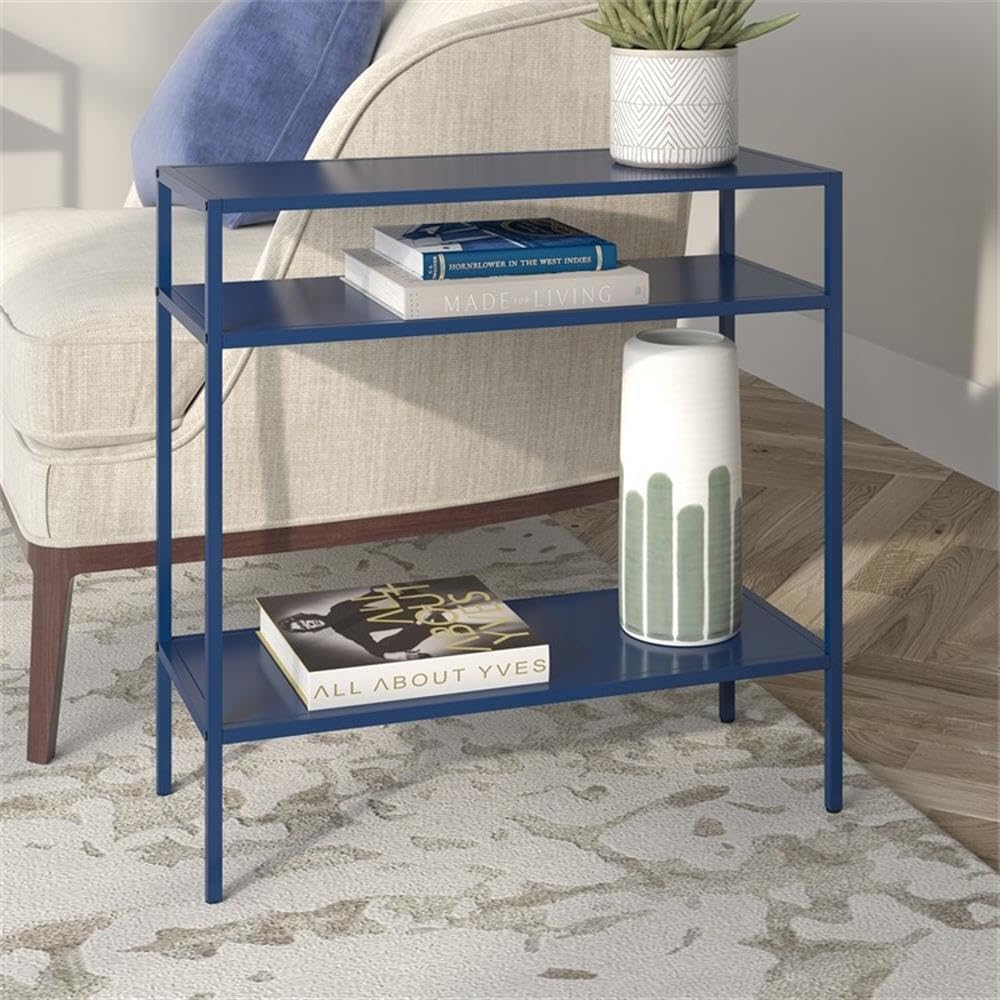 MAKLAINE Modern Metal Side Table, 24W x 10D x 24H, Handcrafted Steel Frame, Blue Finish, Compact Space-Saving Design, Industrial Contemporary Style for Living Room or Bedroom