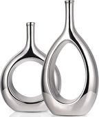 Glossy Silver Vase Ceramic Silver Vases Home Decor,Modern Minimalist Circle with Hole Decorative Vase, Hollow Ellipse Flower vases for Bookshelf, Fireplace Mantle, Centerpieces,Farmhouse,Rustic Décor