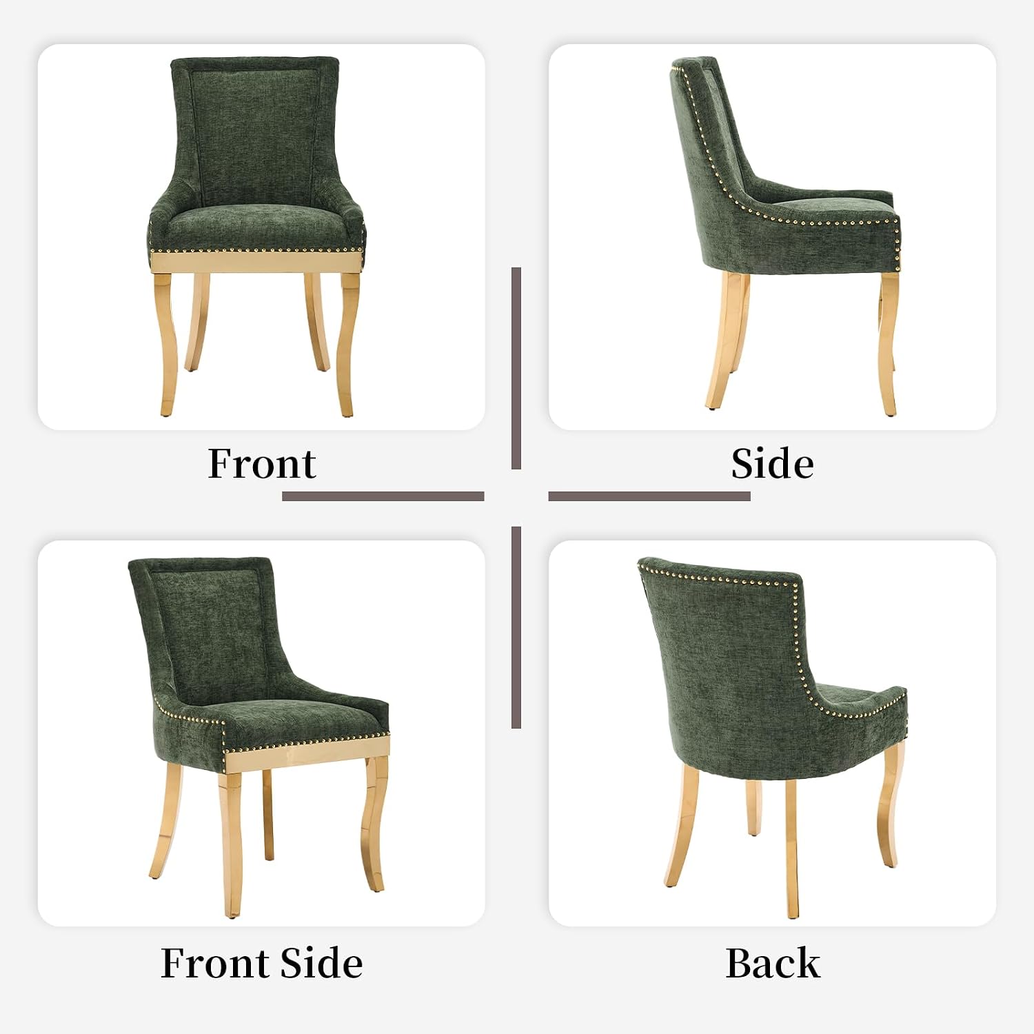 Upholstered Dining Chairs Set of 4, Chenille Fabric Dining Room Chairs with with Gold Stainless Steel Legs, Nailhead Trim, Modern Farmhouse Accent Chairs for Dining Room or Kitchen, Olive Green