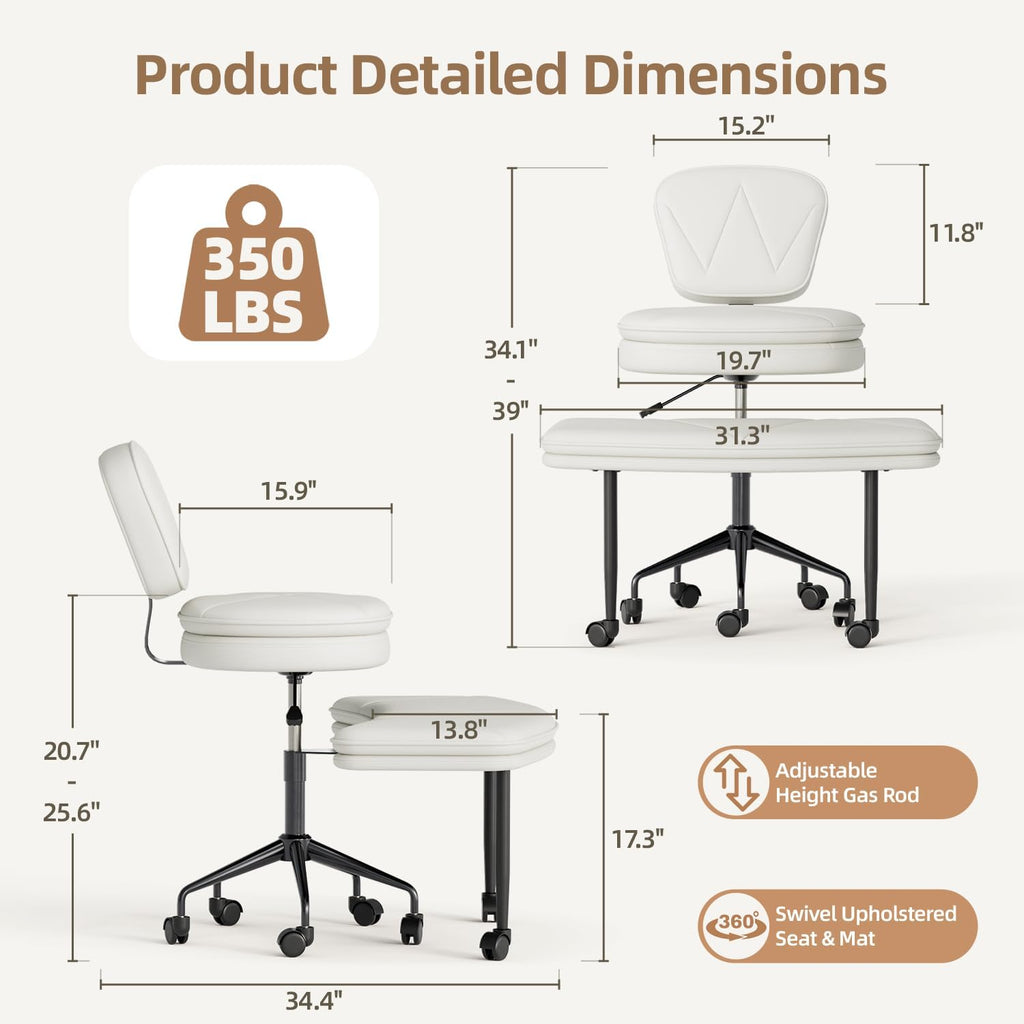 Ergonomic Cross Legged Chair, 360°Swivel Criss Cross Chair with Wheels, Double-Layer Upholstered Desk Chair, 31.3" Large Office Chair for Meditation and ADHD. White