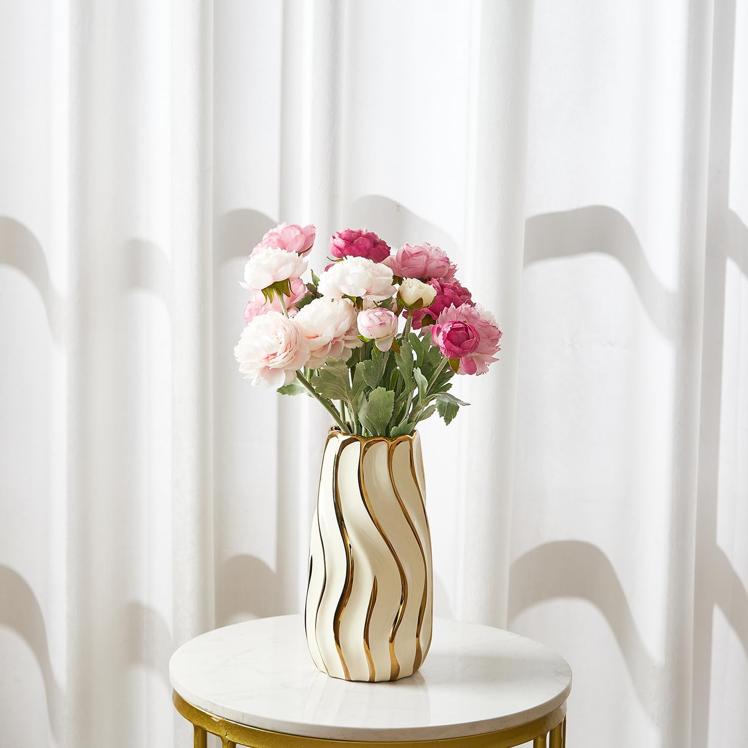 Ceramic Vase for Home Decor,Decorative Flower Vase, Vertical Stripe Ceramic Vases for Home Décor, Bedroom, Office, Living Room, Bathroom, Tabletop Decor, Centerpiece Table Decorations (Cream)