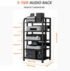 5-Tier Audio Rack with Wheels, Adjustable AV Media Stand for Stereo Components, Heavy Duty Stereo Cabinet with Open Airflow Shelves, Audio Equipment Rack for Living Room and Home Theater