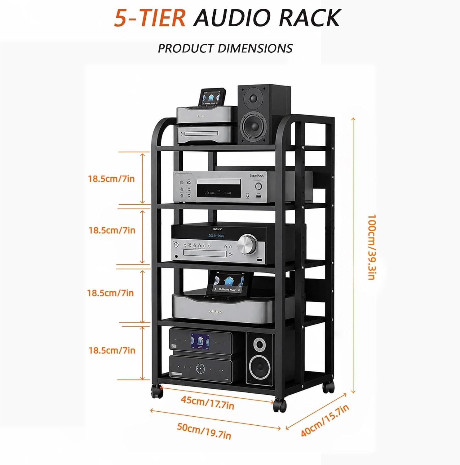 5-Tier Audio Rack with Wheels, Adjustable AV Media Stand for Stereo Components, Heavy Duty Stereo Cabinet with Open Airflow Shelves, Audio Equipment Rack for Living Room and Home Theater