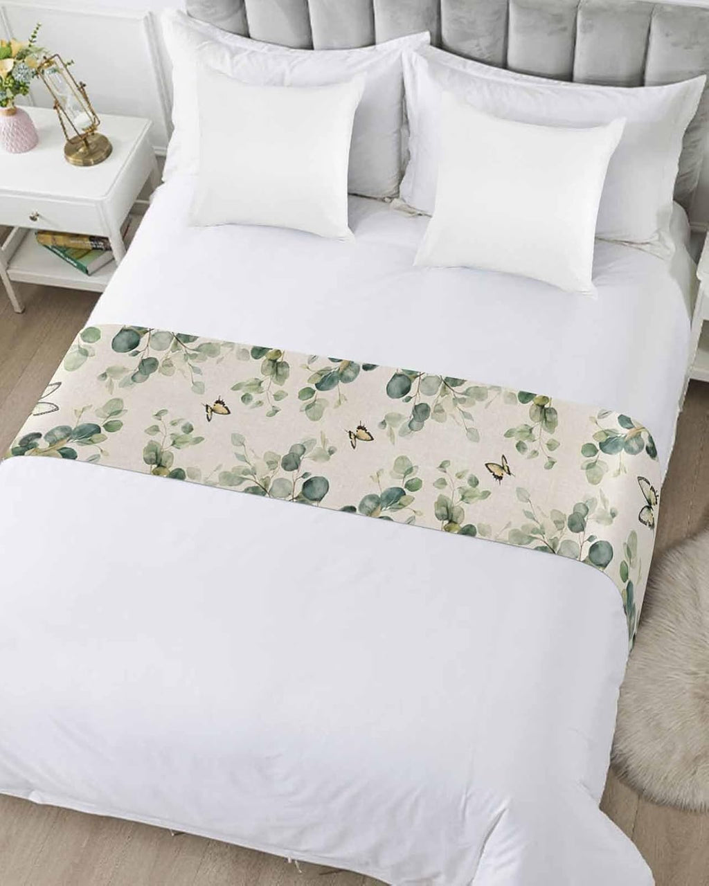 Eucalyptus Leaves Bed Runner Scarf Cal King Size, Spring Summer Botanical Sage Green Rustic Luxury Bed Throw Runners & Scarves for Twin Full Queen King Foot of Bed, Hotel Wedding Decoration, 102"x20"