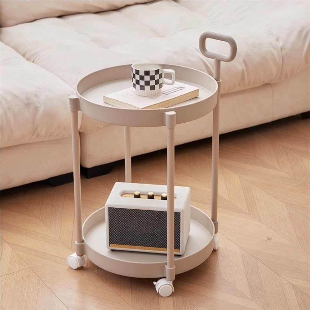 Sofa Side Table, Decorative Table with Universal Wheels, Metal Frame Coffee Table, 2-Tier Round Table, Trolley with Handle for Living Room, Balcony, Small Space(Brown)