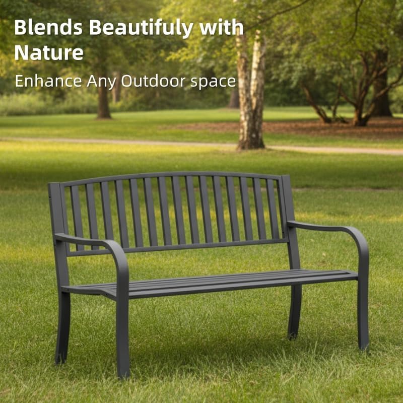 SHGJ&SOFT 50'' Outdoor Bench, Garden Bench, Outdoor Metal Frame Patio Park Bench with Backrest and Armrests,for Porch, Lawn,Garden,Yard (BK-08)