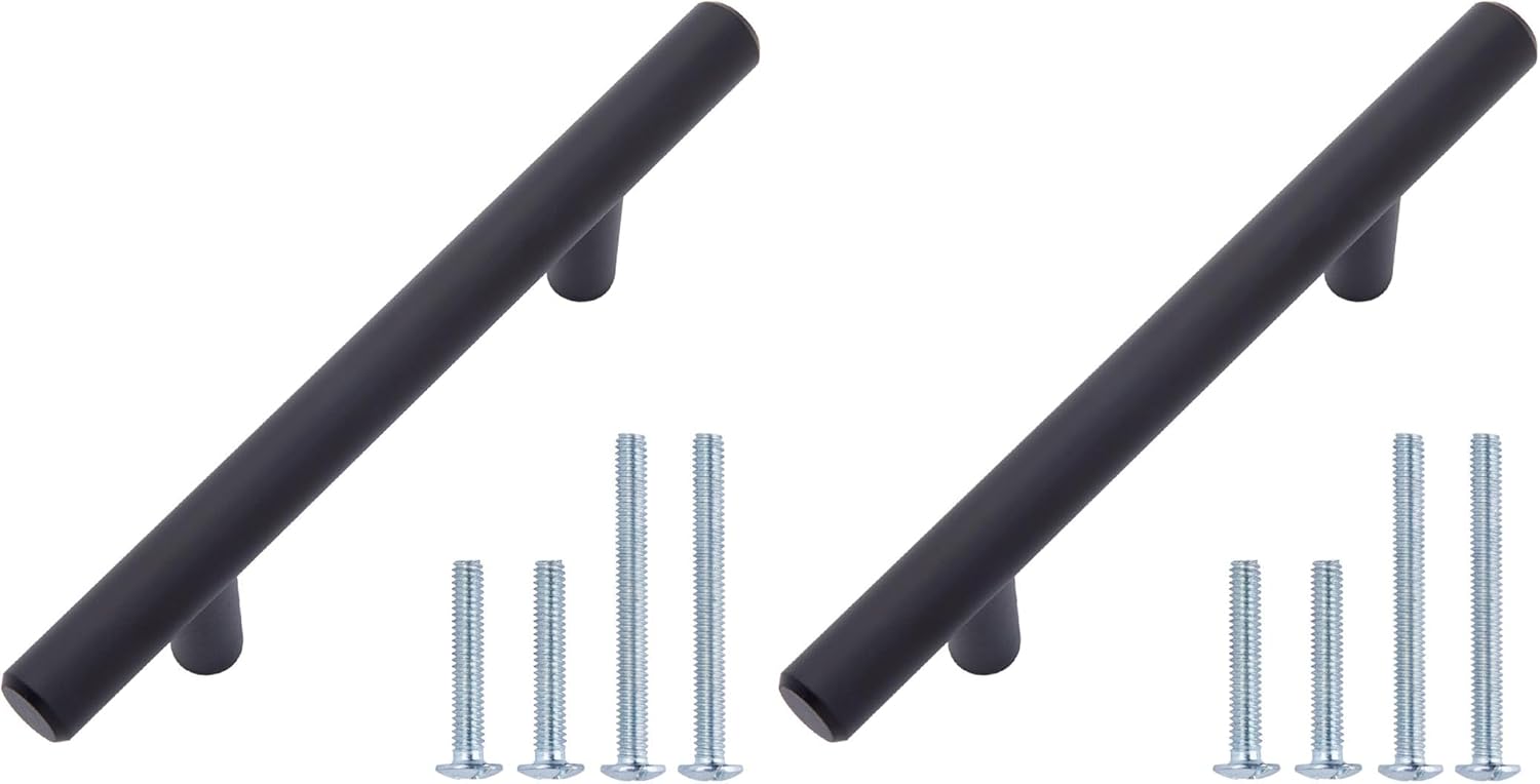Amazon Basics Euro Bar Cabinet Handles, Drawer Pulls, 5.38-inch Length, 3-inch Hole Center, 1/2-inch Diameter, Matte Black, 20-Pack, AB1500-FB-10