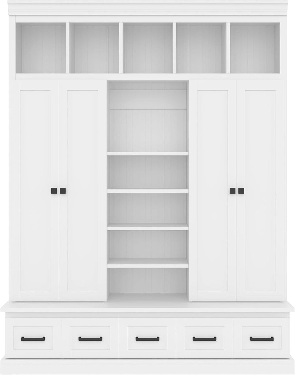 JIVOIT Modern Hall Tree with Bench and 5 Storage Cubbies, 5 Drawers | 78.7''H Hall Tree, Entryway Storage Organizer Cabinet, Adjustable Shelves, 4 Doors, Hallway, Entryway, Living Room