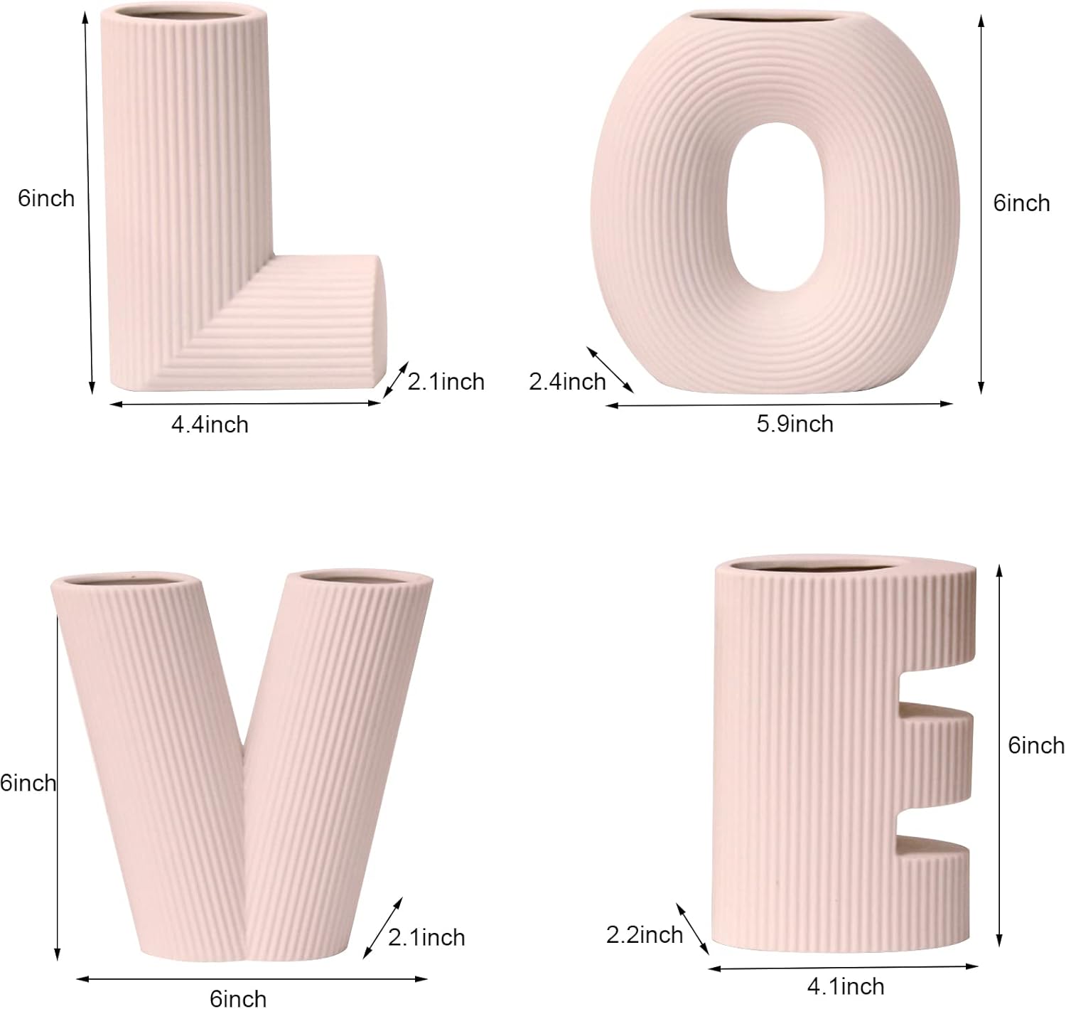 4-Piece Pink Ceramic Modern Minimalist Decorative Love Letter Vases Set, Wedding Party Home Decor