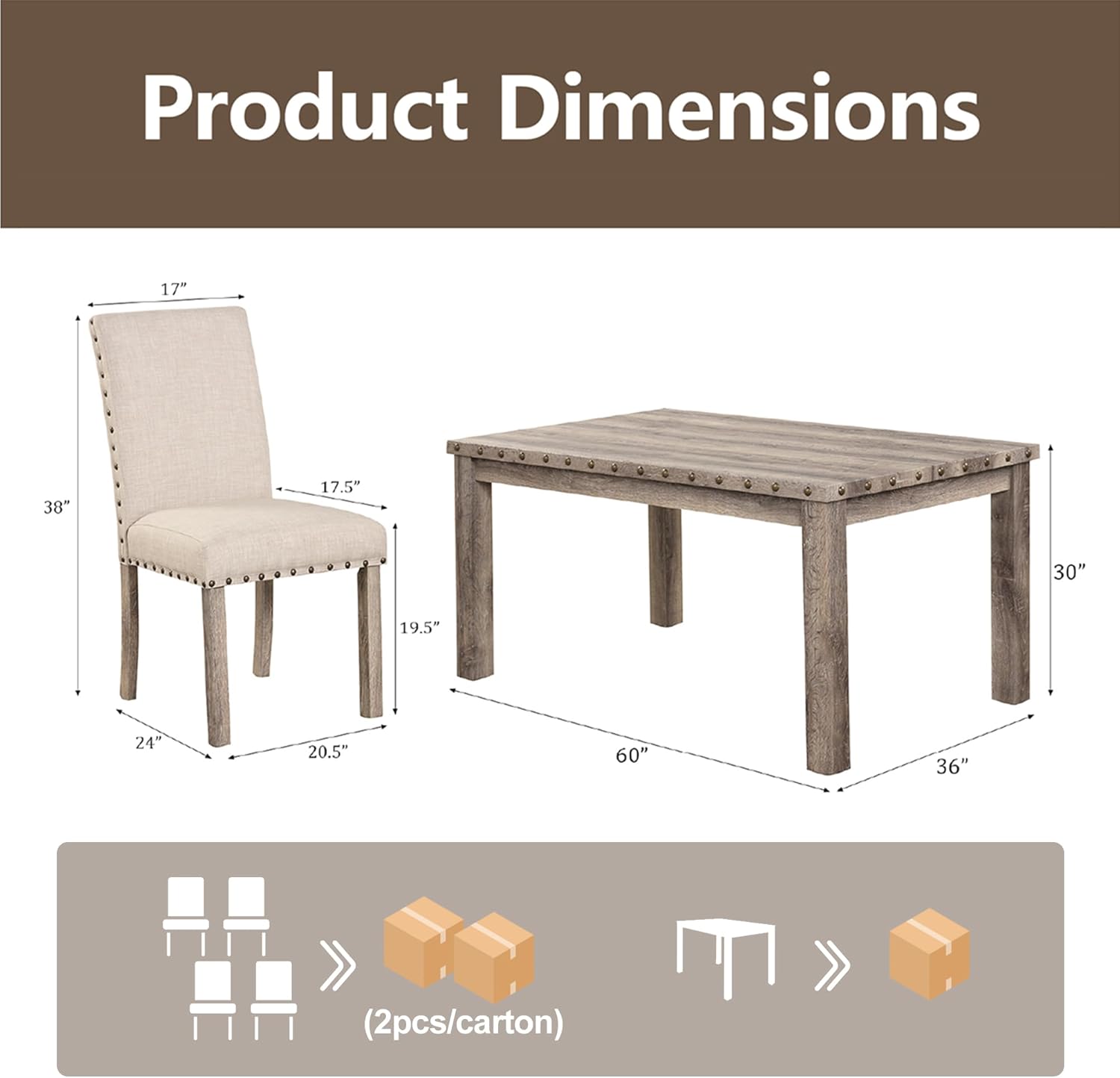 Morden Fort Farmhouse Dining Set for 4, 60" Rectangular Wooden Table & 4 Upholstered Chairs with Nailhead Accents, 5-Piece Kitchen Table Set for Dining Room, Breakfast Nook, Antique Rustic