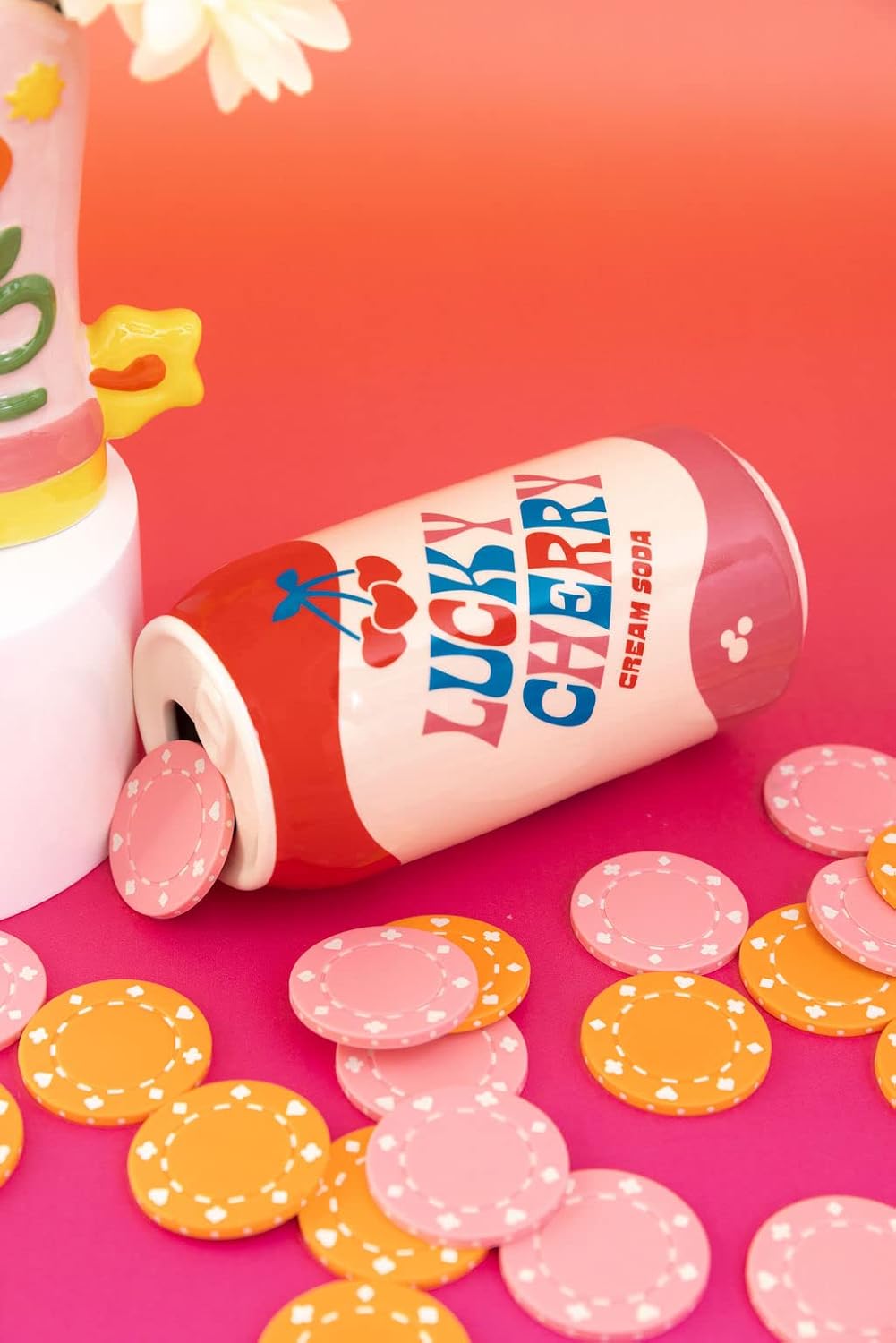 ban.do Small Ceramic Vase, Lucky Cherry Cream Soda Can | Petite and Colorful Retro Inspired Flower Vase or Shelf Decor for Aesthetic Food Theme Home Decor