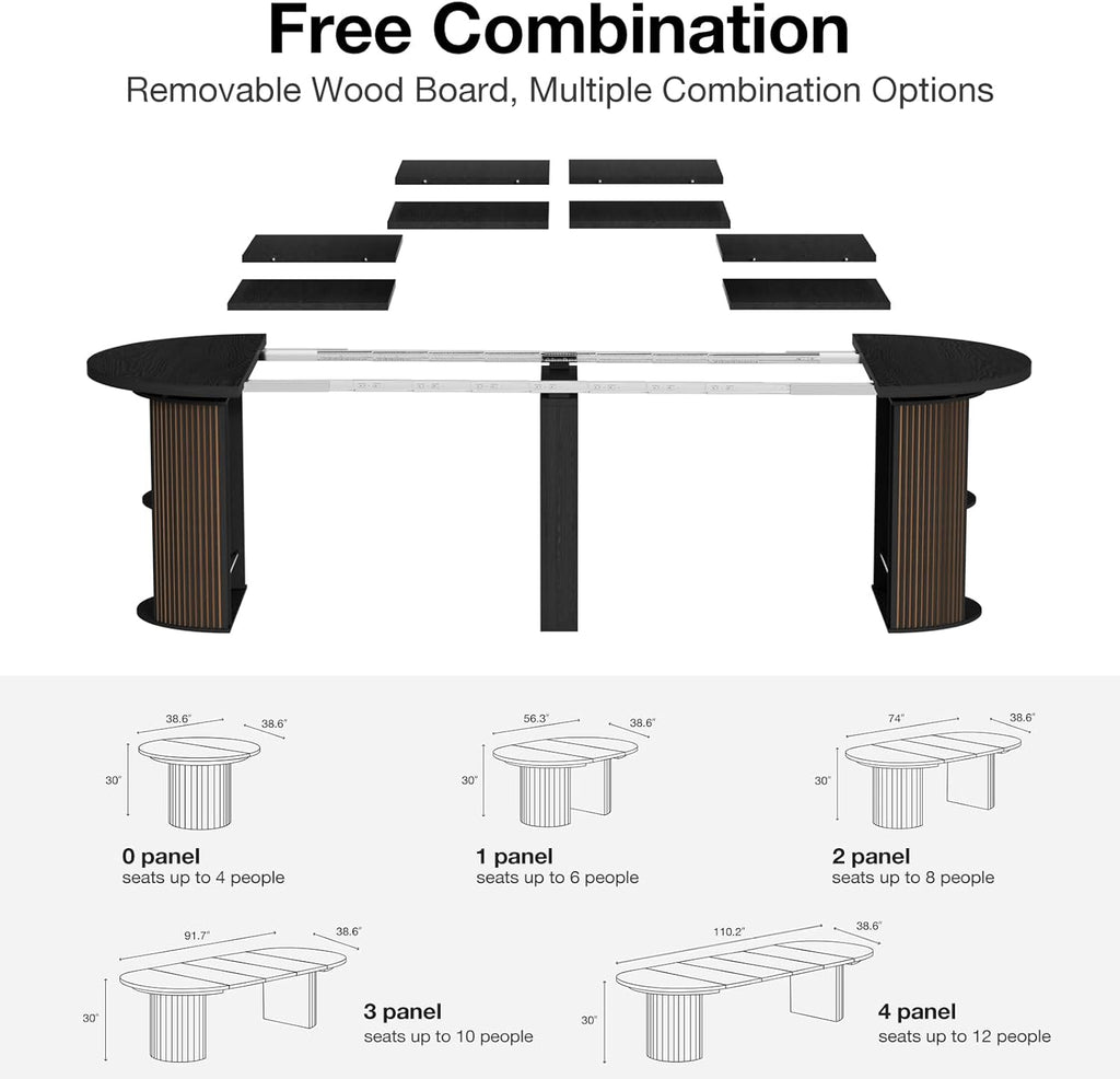 Modern Extendable Round Dining Table, 38.6" to 110.2" Expandable Fluted Table for 2-12 People with Storage, Space Saving Table for Party, Meeting, Celebration (Black)