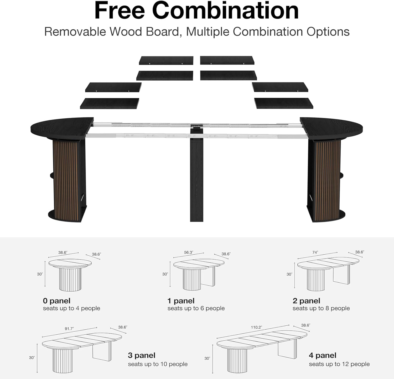 Modern Extendable Round Dining Table, 38.6" to 110.2" Expandable Fluted Table for 2-12 People with Storage, Space Saving Table for Party, Meeting, Celebration (Black)