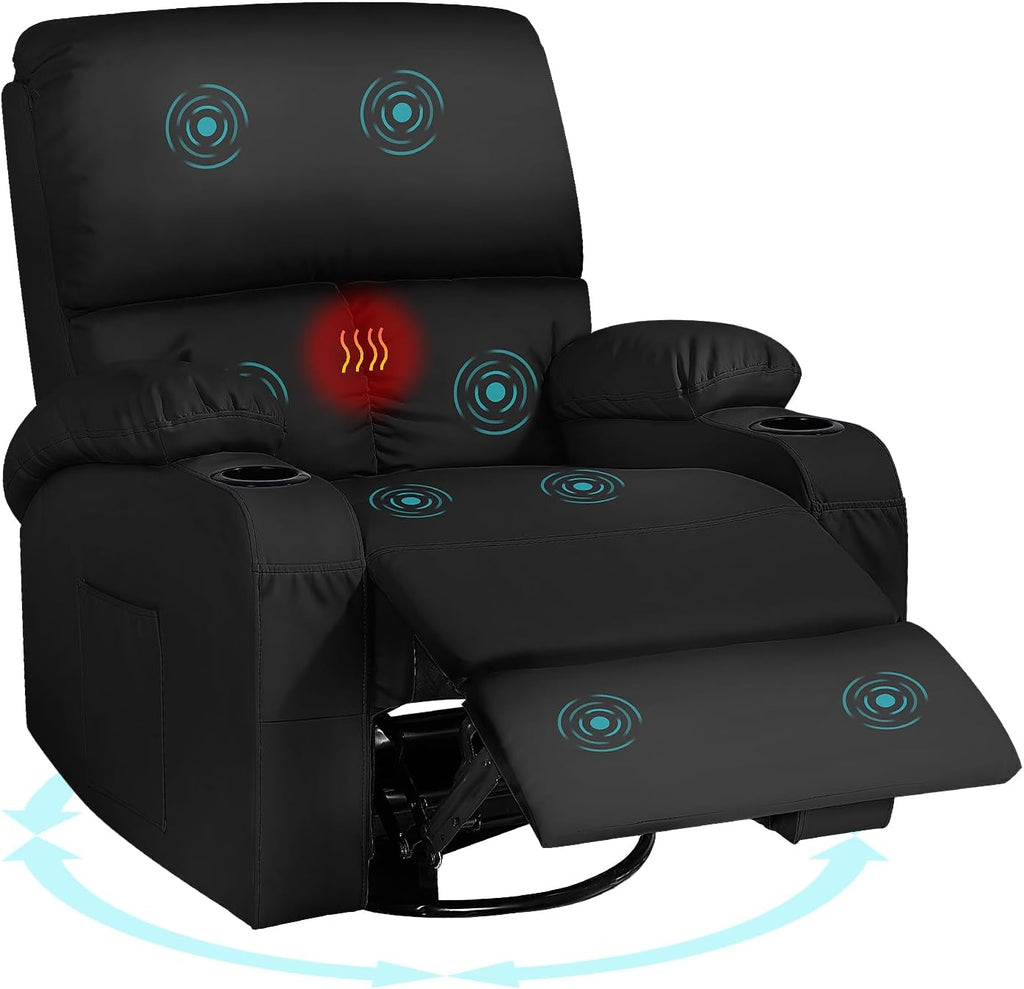 LAFWELL Rocking Recliner Chair, Massage Rocker Recliner Chair with Vibration Massage and Heat, 360° Swivel Faux Leather Chairs, Living Room, Bedroom, Nursery, RV, Black
