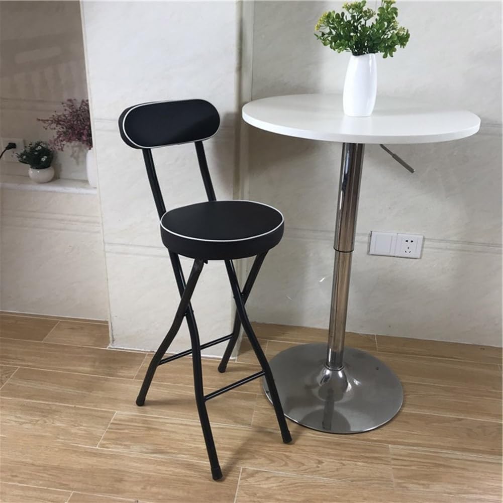 Portable Folding Stool with Padded Seat Backrest and Footrest Foldable Bar Chair for Adults Collapsible Round(Black,Sitting Height:60cm/24)