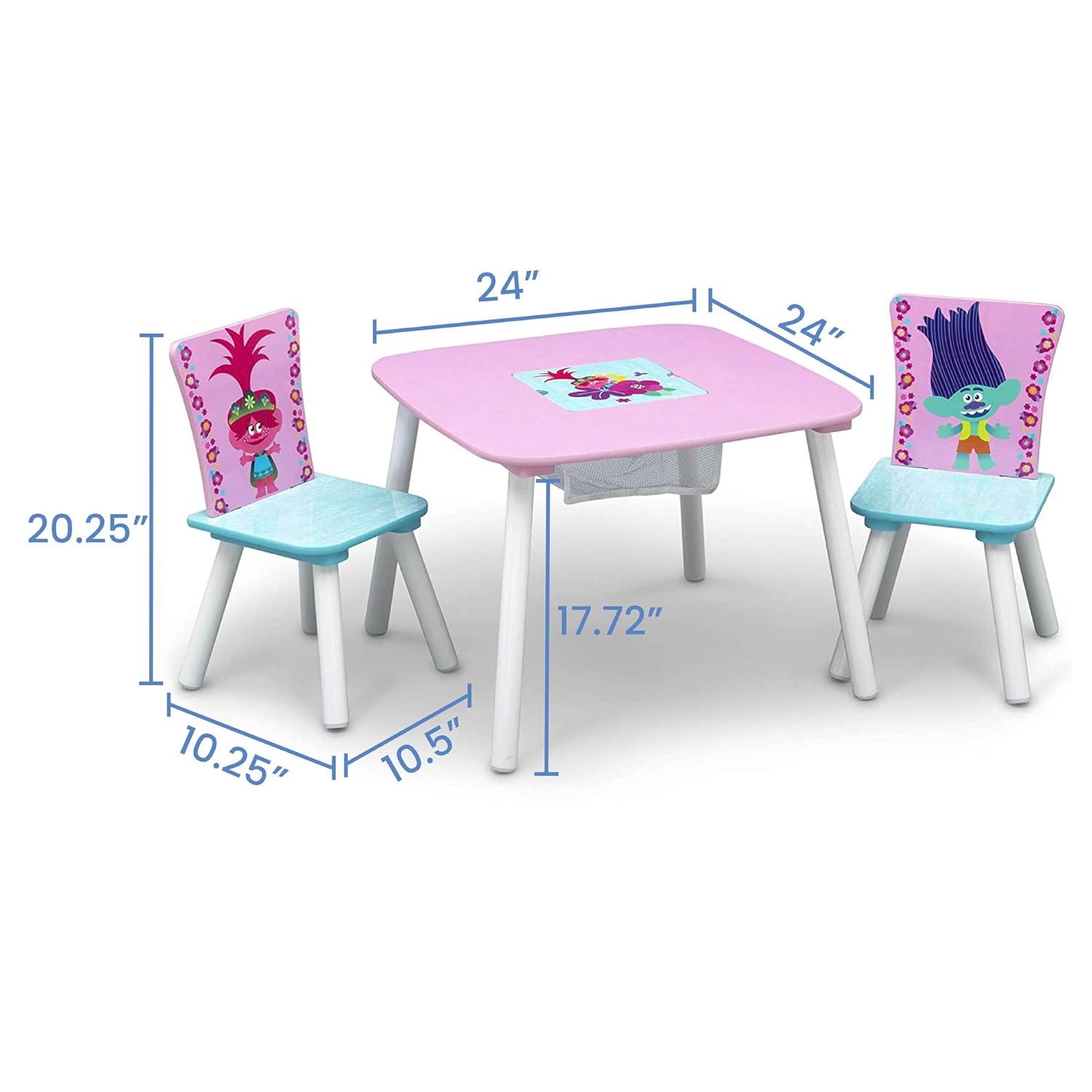 Delta Children Kids Table and Chair Set with Storage (2 Chairs Included), Trolls World Tour