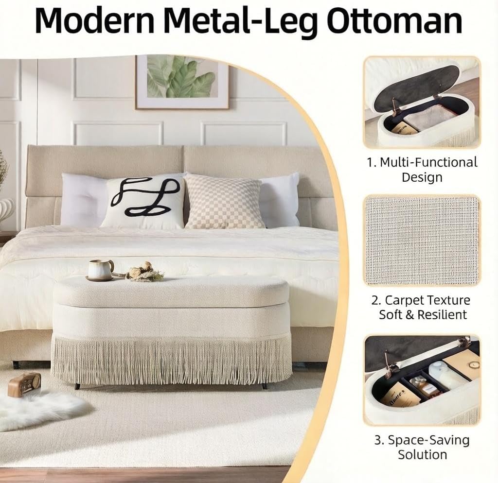 39.4“ Boho Storage Ottoman Bench with Tassels, Linen Upholstered Ottoman with Storage, Oval End of Bed Bench, Entryway Foot Rest for Bedroom, Lift-Top Lid with Safety Hinge, Living Room, Beige