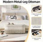 39.4“ Boho Storage Ottoman Bench with Tassels, Linen Upholstered Ottoman with Storage, Oval End of Bed Bench, Entryway Foot Rest for Bedroom, Lift-Top Lid with Safety Hinge, Living Room, Beige