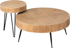 COZAYH 2-Piece Round Nesting Coffee Table Set, Natural Wood Top with Black Metal Legs, Ring Pattern – Rustic Farmhouse Accent for Living Room or Bedroom – Space-Saving Modern Furniture