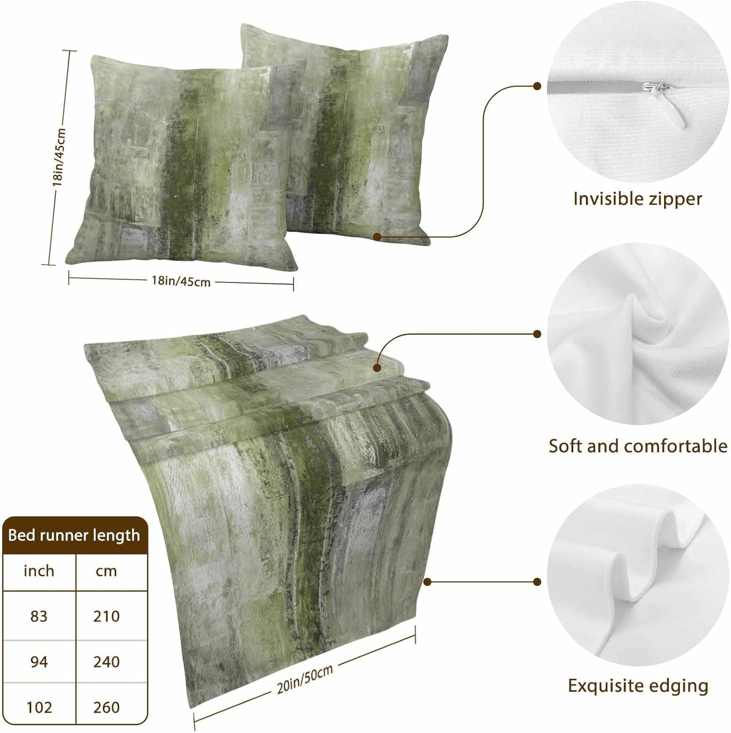 Bed Runner for King Size Bed, Sage Green Decorative Beds Runners and 2 Matching Pillow Covers Set, Retro Oil Painting Modern Abstract Art Aesthetics Beds Scarf Throw for Foot of Bedding Set for Hotel