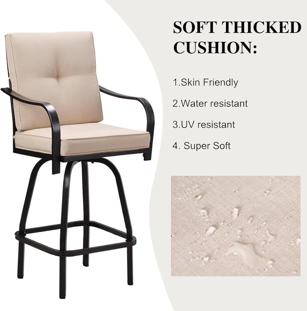 Patio Swivel Bar Stools, Outdoor Bar Height Swivel Chairs Set of 2 with Cushion & All Weather Steel Frame for Backyard, Lawn, Poolside and Balcony, Beige