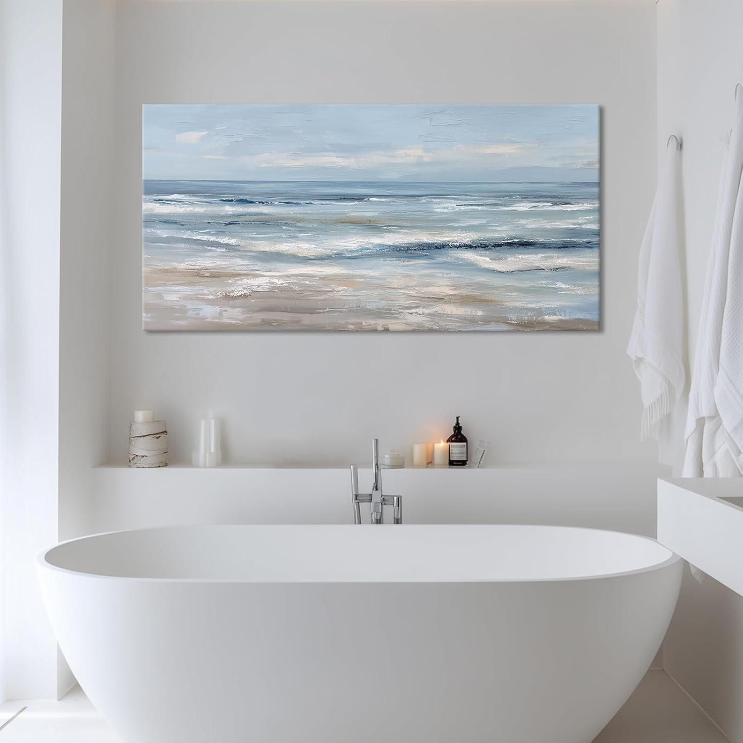 BewDalky Abstract Coastal Beach Wall Art Blue Ocean Waves Canvas Prints Modern Minimalist Landscape Painting Seascape Pictures Artwork for Living Room Bedroom Bathroom Beachy House Wall Decor 20"x40"