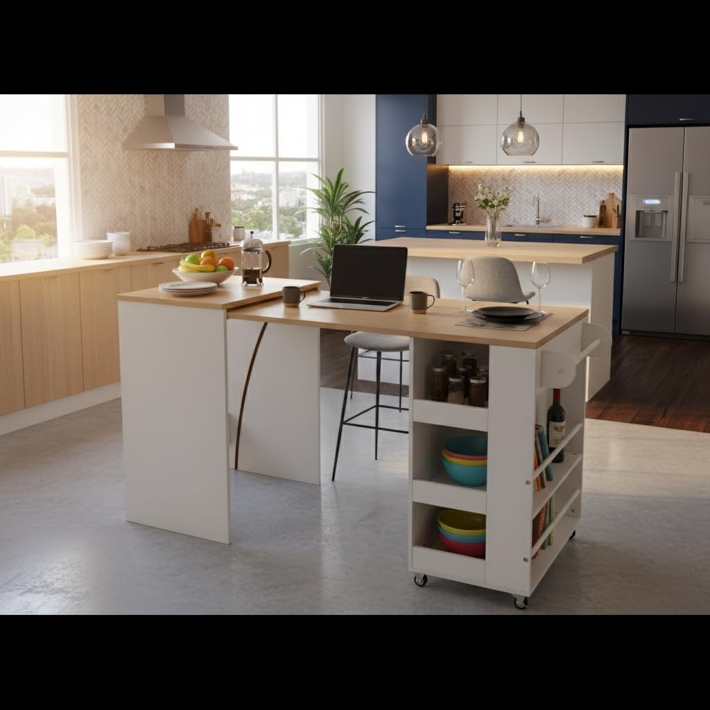 EROMMY 52" Extendable Kitchen Island with Faux Marble Top, Rolling Kitchen Cart with Pull-Out Dining Table, Spice Rack, Towel Bar, Mobile Breakfast Bar Station with Storage for Small Space (White)