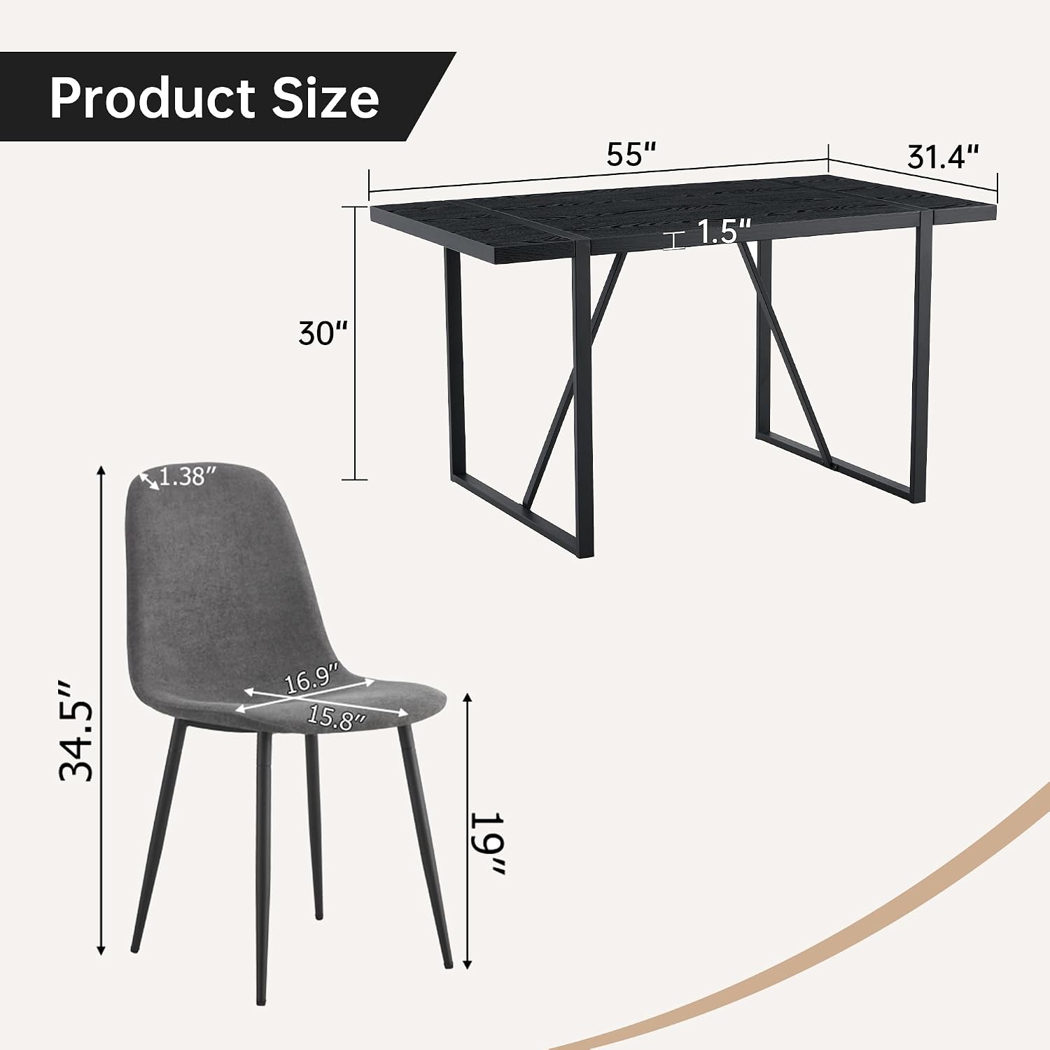 55" Black Dining Table Set for 6, 7 piece Modern Dining Table Set with Farbic Chairs, Farmhouse Kitchen Table Chairs Set of 6 Suit for Living Dining Room Furniture, Sturdy and Easy-to-Clean