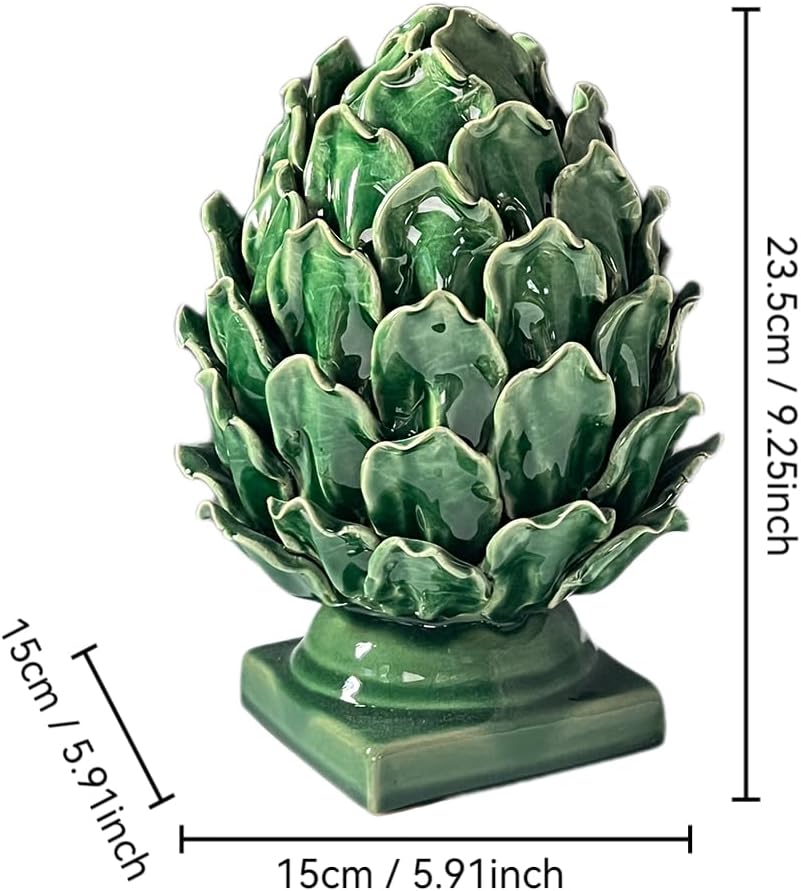 Green Ceramic Artichoke Statue - Unique Artisanal Decorative Sculpture, Decor for Living Room, Office, Bookshelf