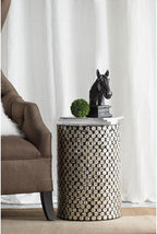 Black & Gold Cylindrical Capiz Stool D14'x20' Art Deco Accent Side Table for Living Room, Bedroom, Outdoor - Elegant & Functional