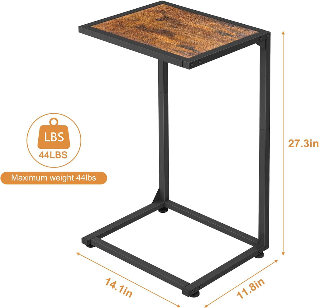 C Shaped End Table, Sofa Side Table for Couch and Bed, Snack Table with Wood Look Top, Metal Frame Bedside Table for Living Room, Bedroom