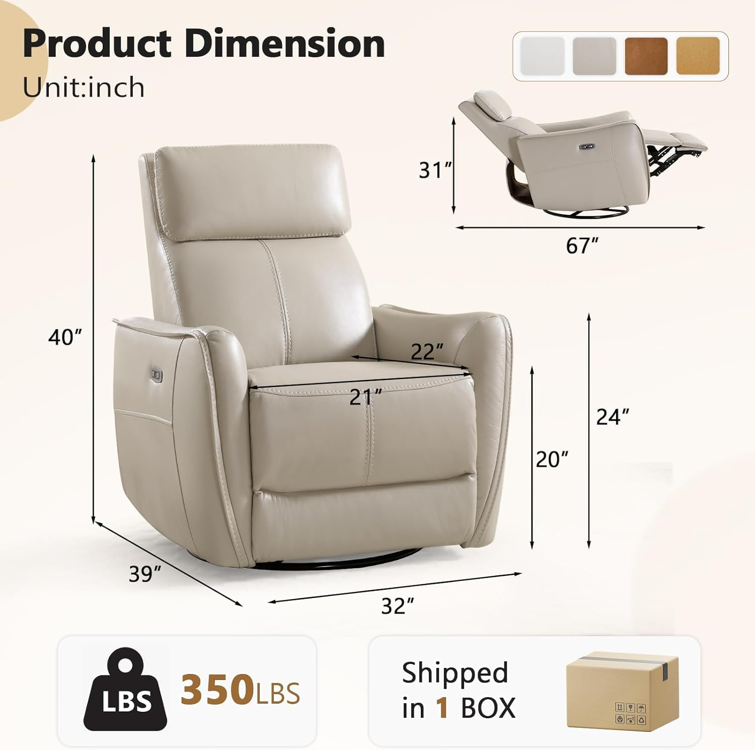 HAOMARKETS Electric Swivel Rocker Recliner Chair Set of 2, Power Faux Leather Glider Rocking Recliners for Adults,360° Swivel Nursery Reclining Sofa with USB Charging Port, Beige