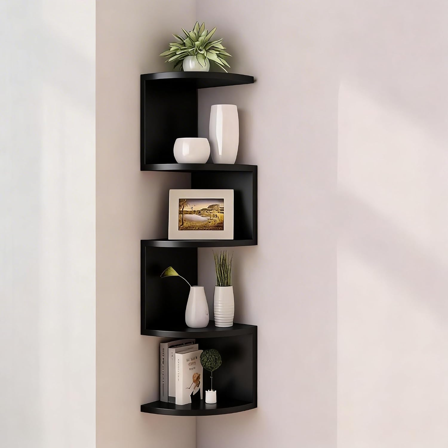 5-Tier Corner Shelf Wall Mount, Screw-Mounted Floating Bookshelf with Enhanced Support, Space-Saving Zigzag Shelf for Bedroom, Living Room, Office, Garage – (Black)