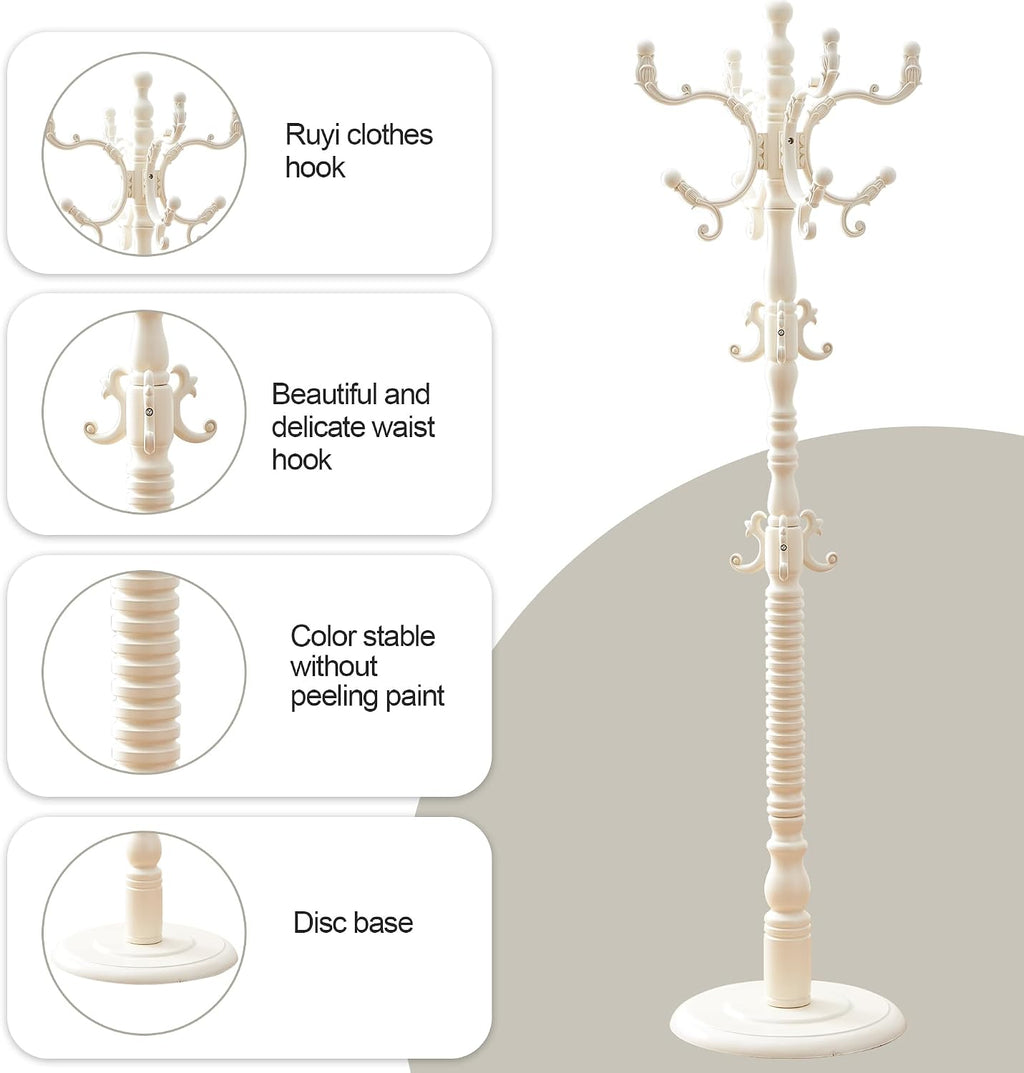Wooden Coat Rack Free standing 18 Hooks, Vintage Coat Rack Stand for Entryway, Adjustable Height 73", Heavy Duty Coat Tree with Solid Round Base for Home Bedroom, Office (vintage White)