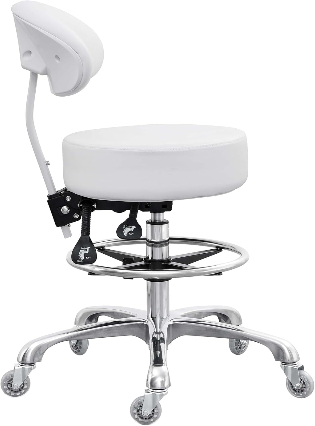 Grace&Grace Drafting Chair Big Cushion Rolling Stool with Back, Tall Shop Stool Rolling Chair with Footrest for Studio, Workshop, Classroom, Lab, Counter, Home Office (White)