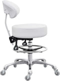 Grace&Grace Drafting Chair Big Cushion Rolling Stool with Back, Tall Shop Stool Rolling Chair with Footrest for Studio, Workshop, Classroom, Lab, Counter, Home Office (White)