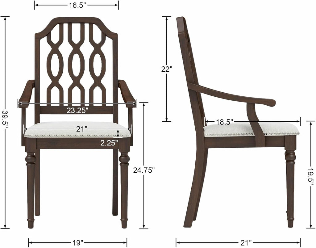 chairus Farmhouse Dining Chairs Set of 6, French Country Vintage Wooden Dining Room Chairs with Arm, Lattice Back & Turned Legs, Rustic Chenille Upholstered Nailhead Trim Kitchen Chairs, Walnut Brown