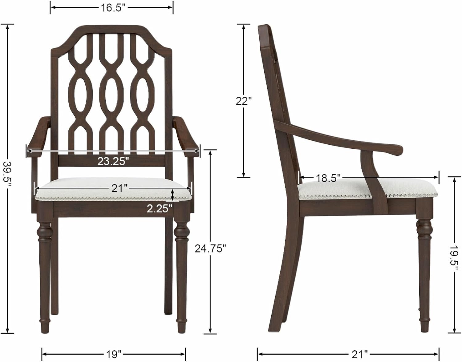 chairus Farmhouse Dining Chairs Set of 6, French Country Vintage Wooden Dining Room Chairs with Arm, Lattice Back & Turned Legs, Rustic Chenille Upholstered Nailhead Trim Kitchen Chairs, Walnut Brown