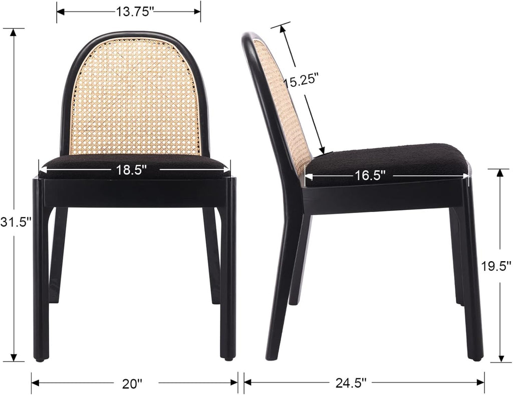HEAH-YO Rattan Dining Chairs Set of 2, Upholstered Sherpa Dining Room Chairs with Backrests, Modern Kitchen Chairs with Wood Legs for Dining Room, Black